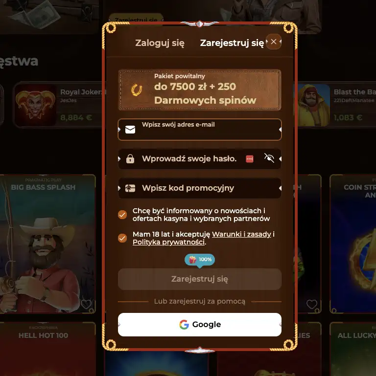 Założenie konta Rodeoslot